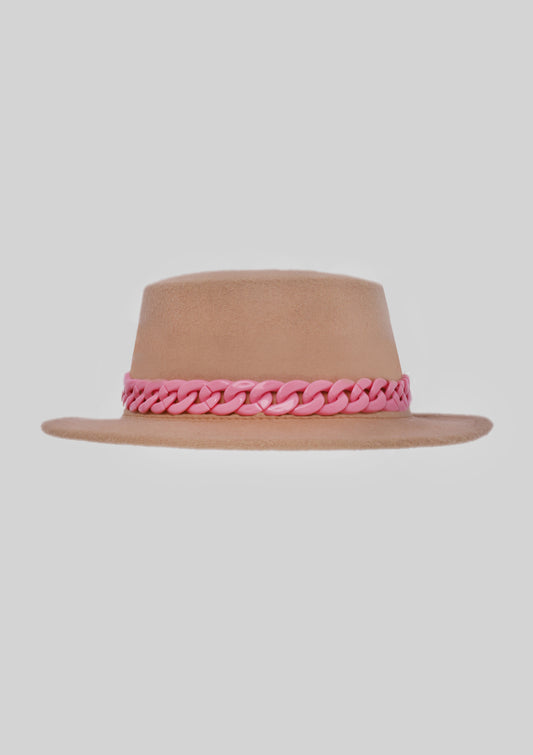 Camel Boater Hat with Pink Chain