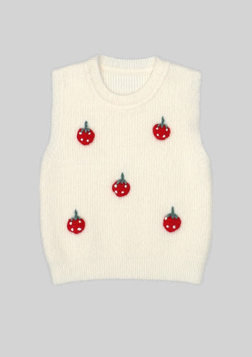 Cream Embroidered Strawberry Knit Vest