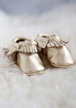 Load image into Gallery viewer, Gold Fringed Leather Moccasins